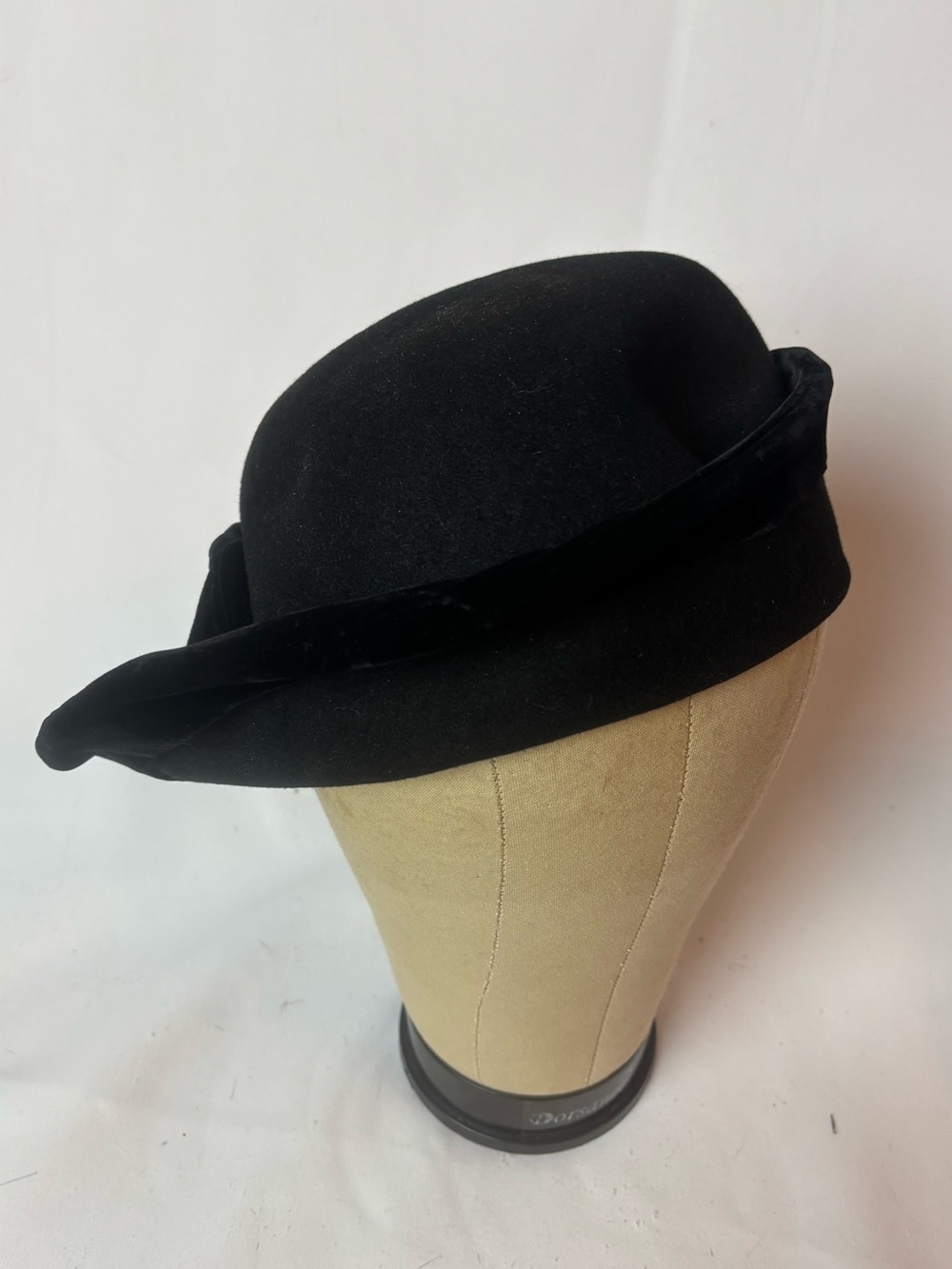Vintage Asymmetrical Cloche Tilt Hat Black Wool Velvet Trim 1930’s-40’s